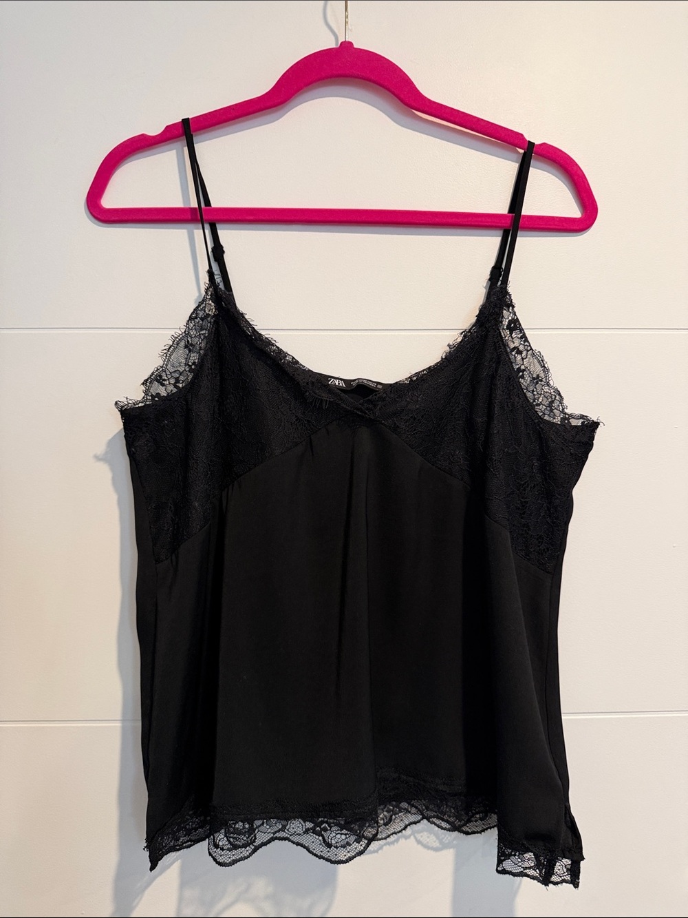 Zara Black Lace-Trim Satin Camisole